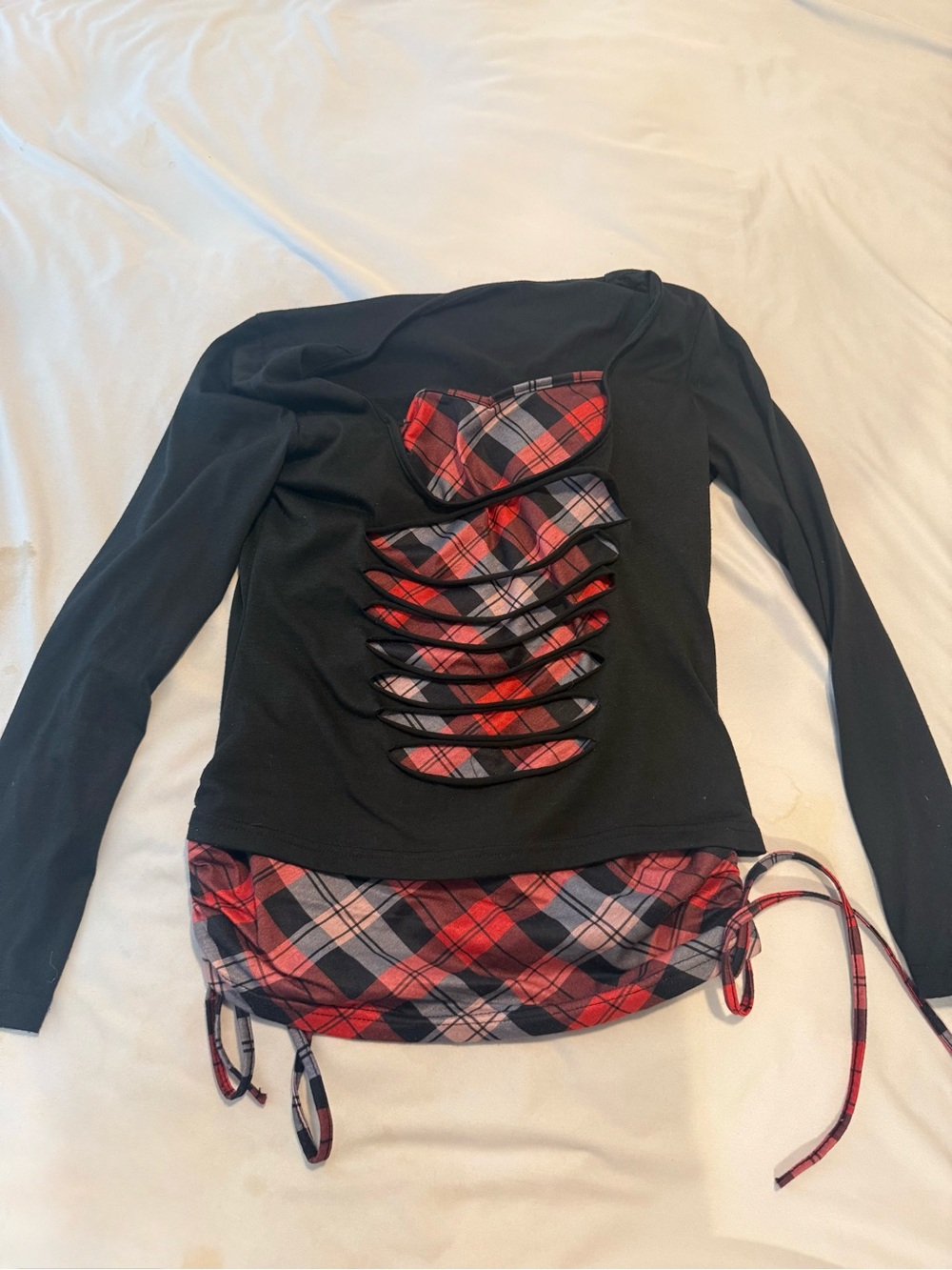Black Long Sleeve Top with Red Plaid Cutout Detail